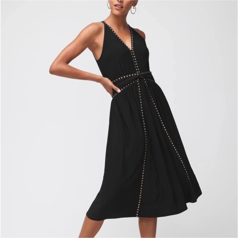 WHBM BLACK MATTE JERSEY STUDDED MIDI DRESS
